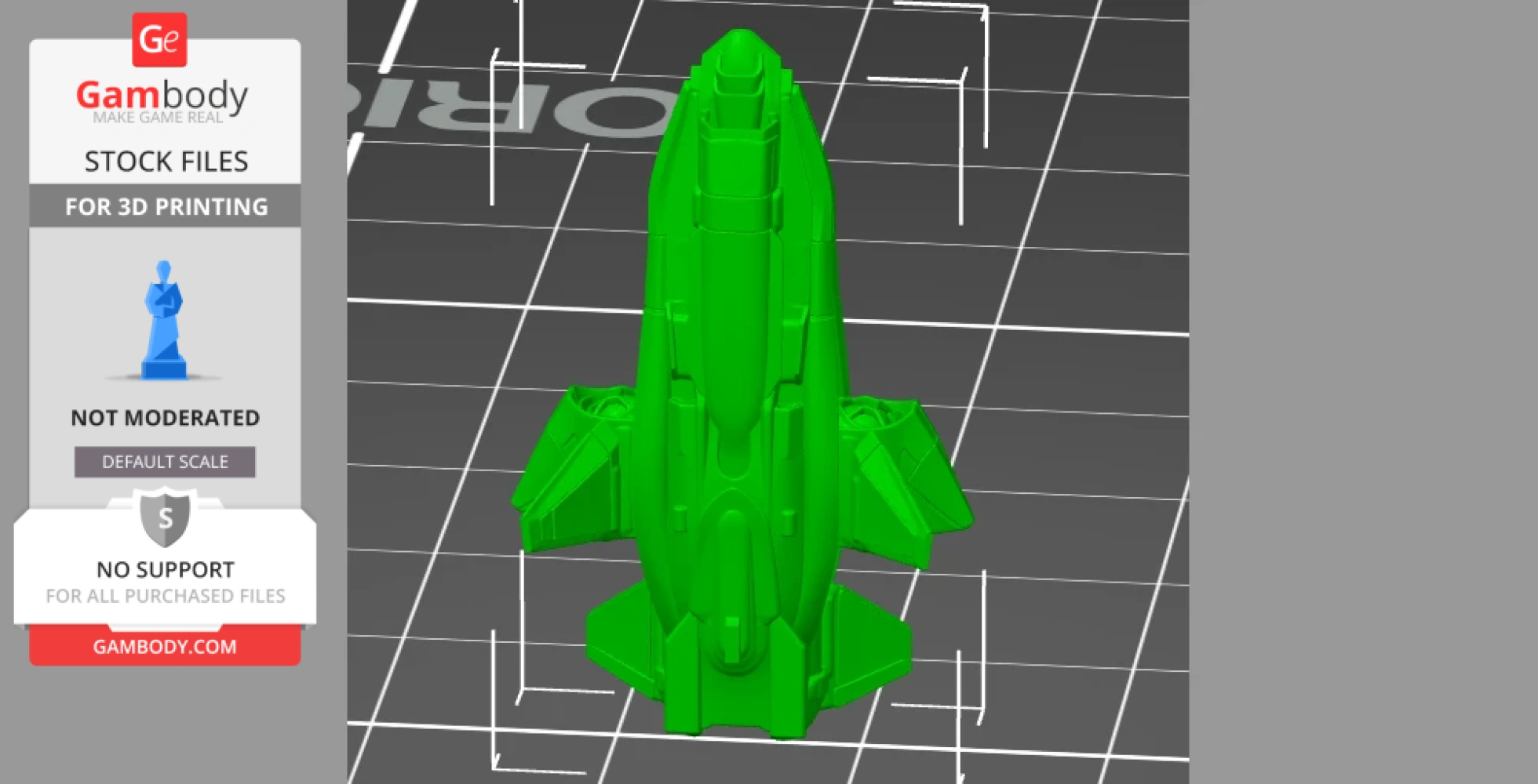 Green 3D model of a spacecraft with wings and a pointed nose, displayed on a grid platform.