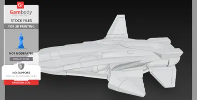 Sleek, white 3D model of a futuristic spacecraft with angular wings and streamlined design.