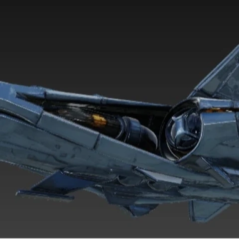 Futuristic spacecraft model with sleek metallic design, featuring detailed engines for 3D printing.