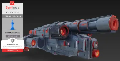 A detailed 3D model of a futuristic warship with red accents and complex machinery.