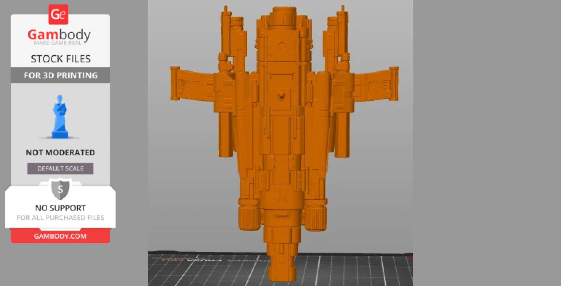3D model of a detailed, futuristic warship for 3D printing, displayed in orange.