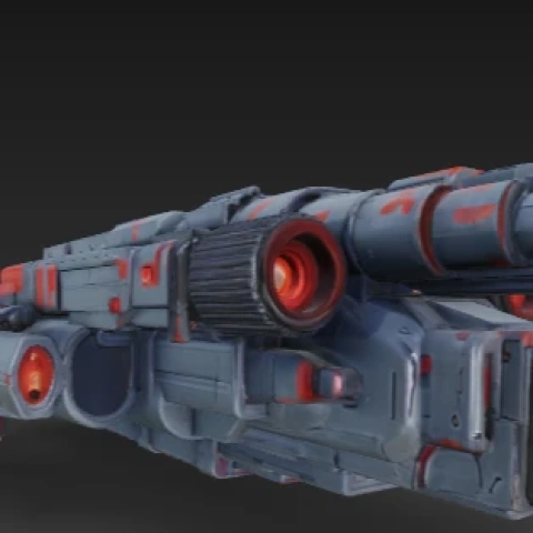 Futuristic warship model with red accents and intricate details for 3D printing.