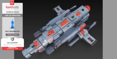 A detailed, sci-fi warship model with gray and orange accents, designed for 3D printing.