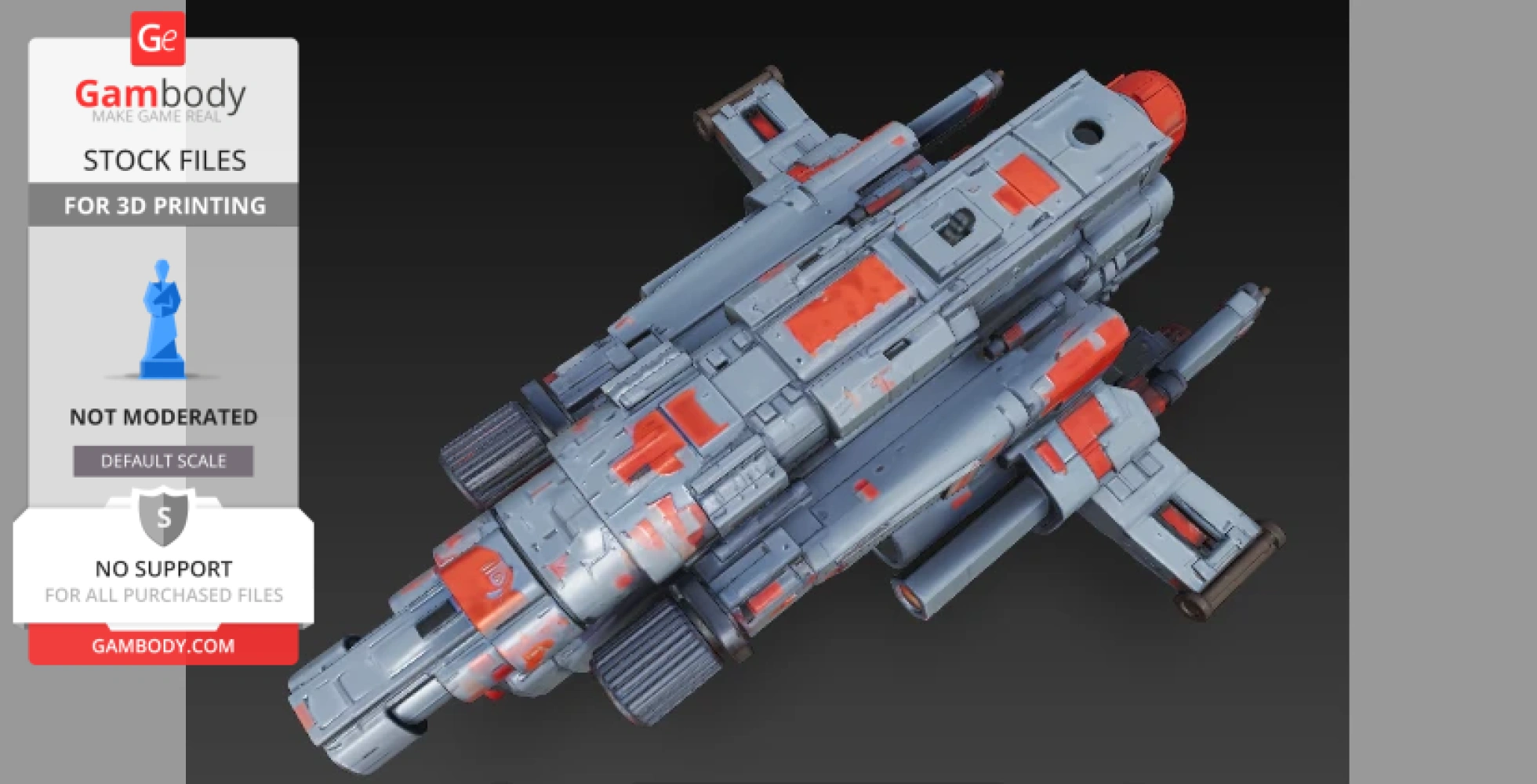 A detailed, sci-fi warship model with gray and orange accents, designed for 3D printing.