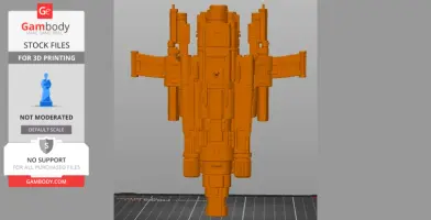 3D model of a detailed, futuristic warship for 3D printing, displayed in orange.