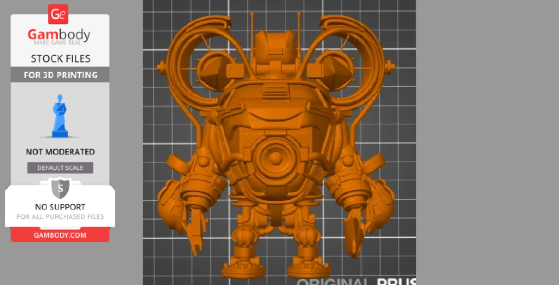 Orange robotic armor with intricate mechanical details, ready for 3D printing on a gridded background.