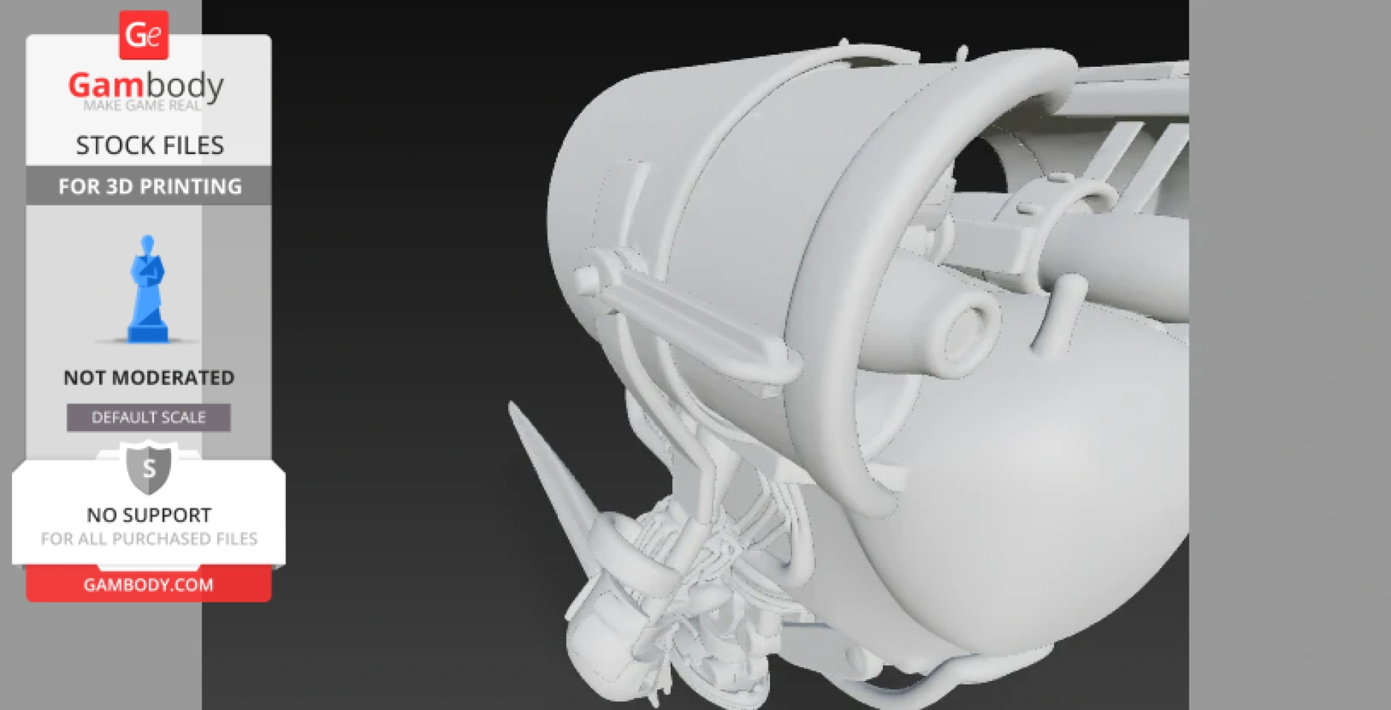 Complex 3D armor machine model with mechanical details and curved surfaces for 3D printing.