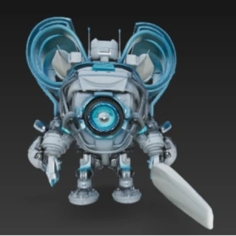 A futuristic armor machine with circular blue accents, mechanical arms, and intricate details for 3D printing.