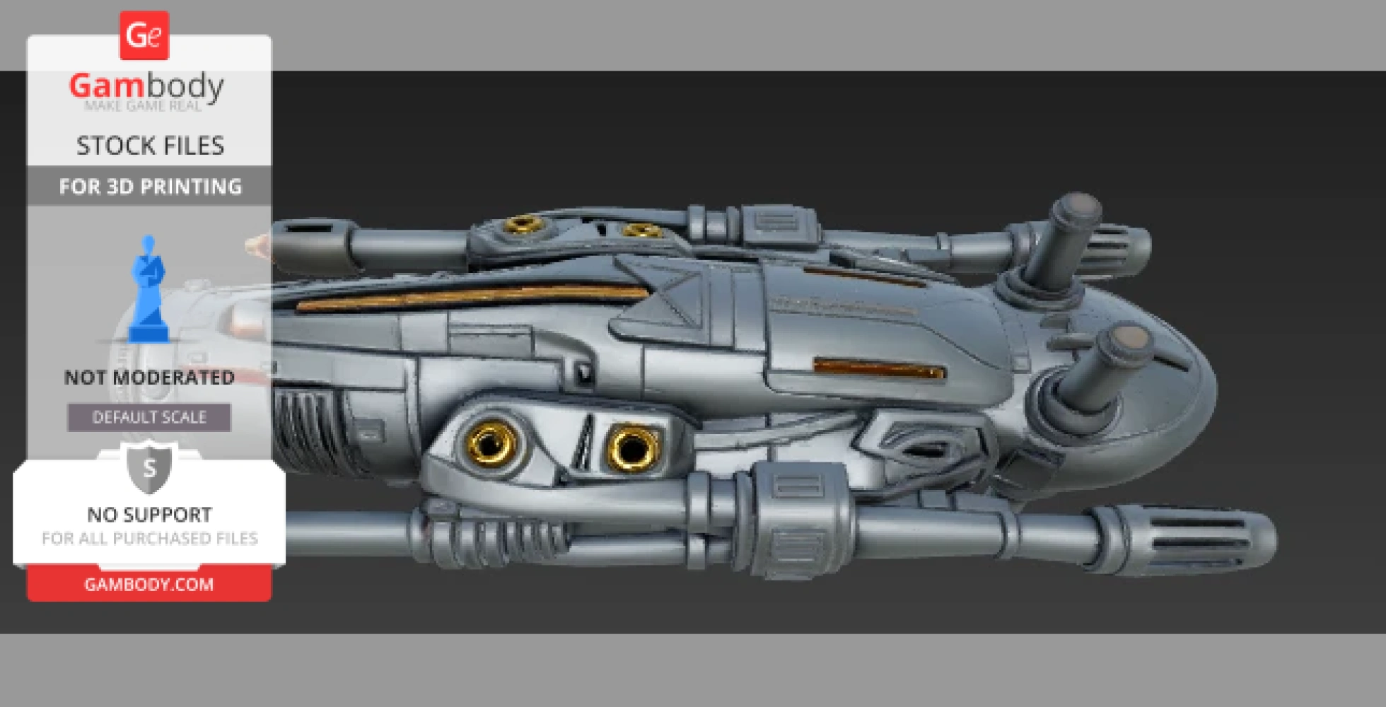 Sleek futuristic armored spacecraft with cannons and intricate details, ready for 3D printing.
