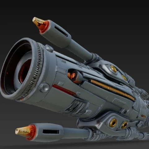 Futuristic gray and red armored spacecraft model with intricate details and elliptical structure.