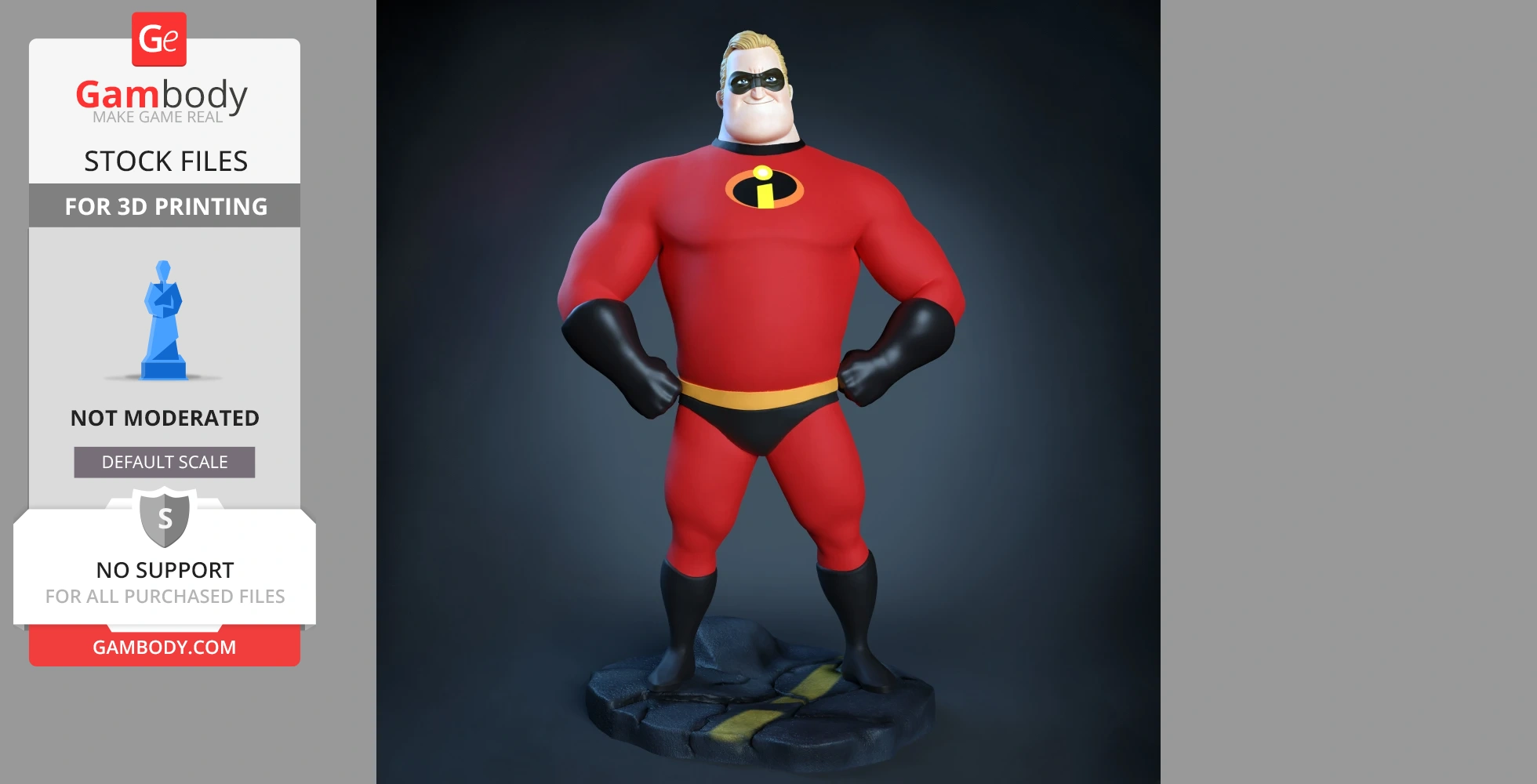 A muscular superhero in a red suit, black gloves, and mask, standing confidently on a textured base.