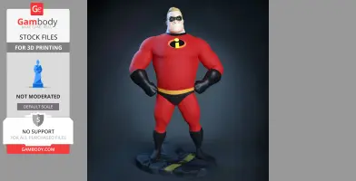 A muscular superhero in a red suit, black gloves, and mask, standing confidently on a textured base.