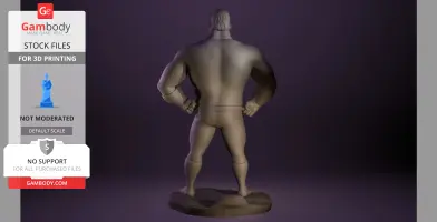 A 3D model of a muscular superhero with hands on hips, viewed from the back, on a textured base.