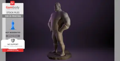 A muscular 3D model of a superhero figure with a strong stance, hands on hips, on a textured base.