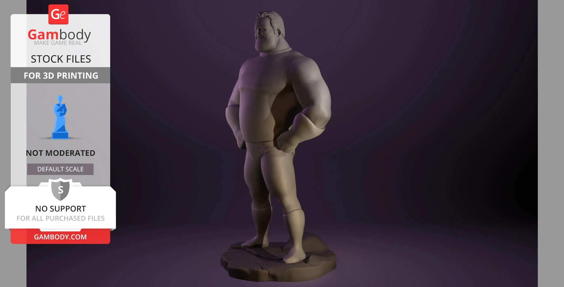 A muscular 3D model of a superhero figure with a strong stance, hands on hips, on a textured base.