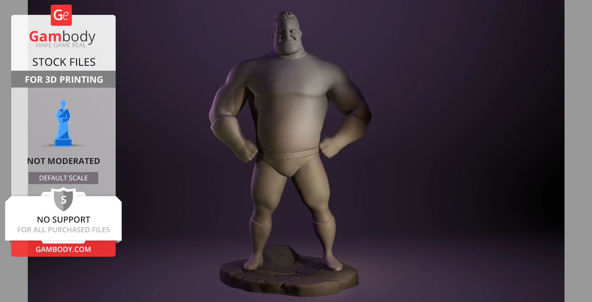 A muscular superhero figure stands confidently with hands on hips, ready for 3D printing.