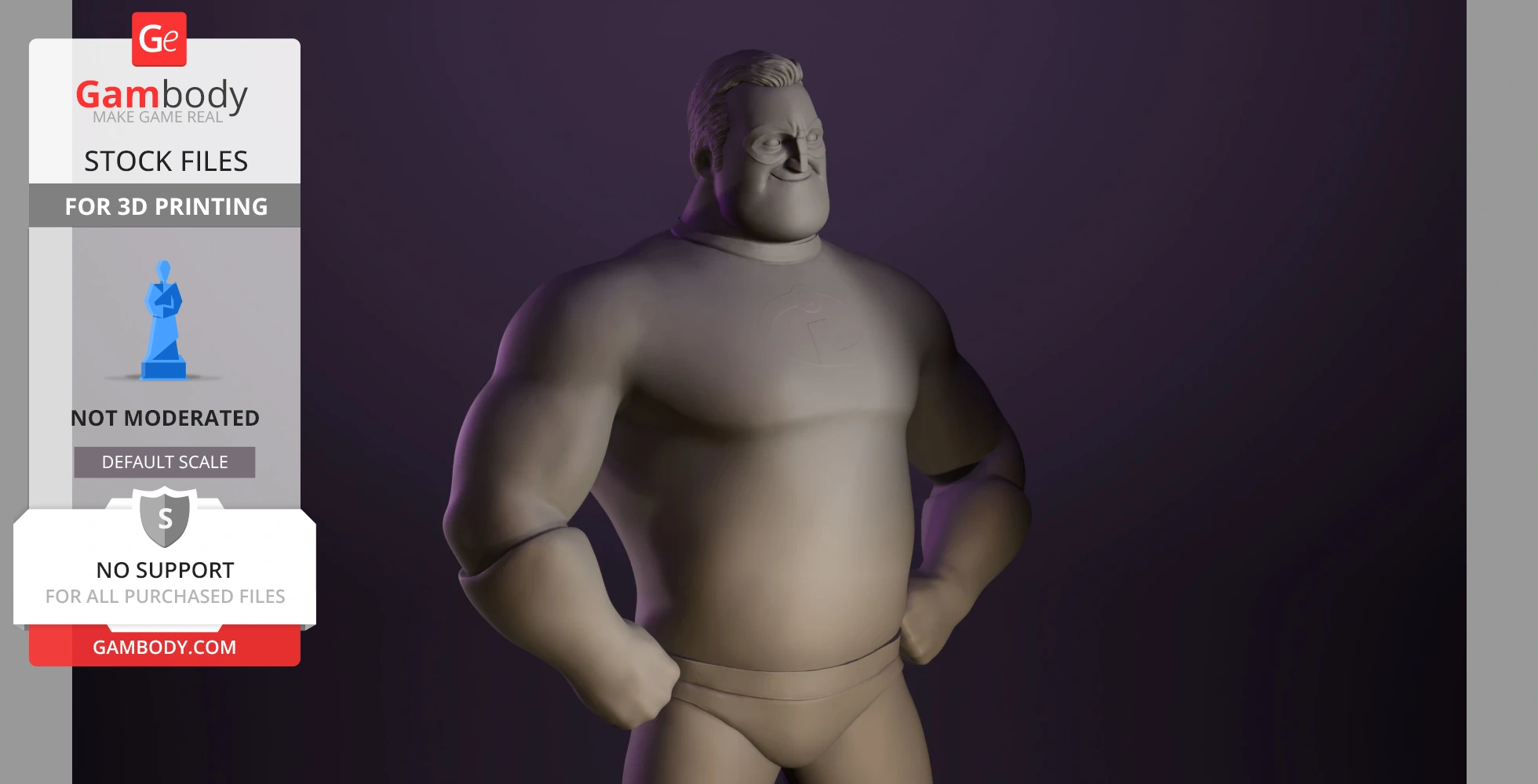 A 3D model of a muscular superhero figure standing with hands on hips, designed for 3D printing.