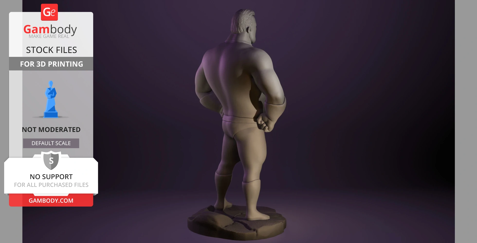 A 3D model of a muscular superhero standing with hands on hips, viewed from behind.