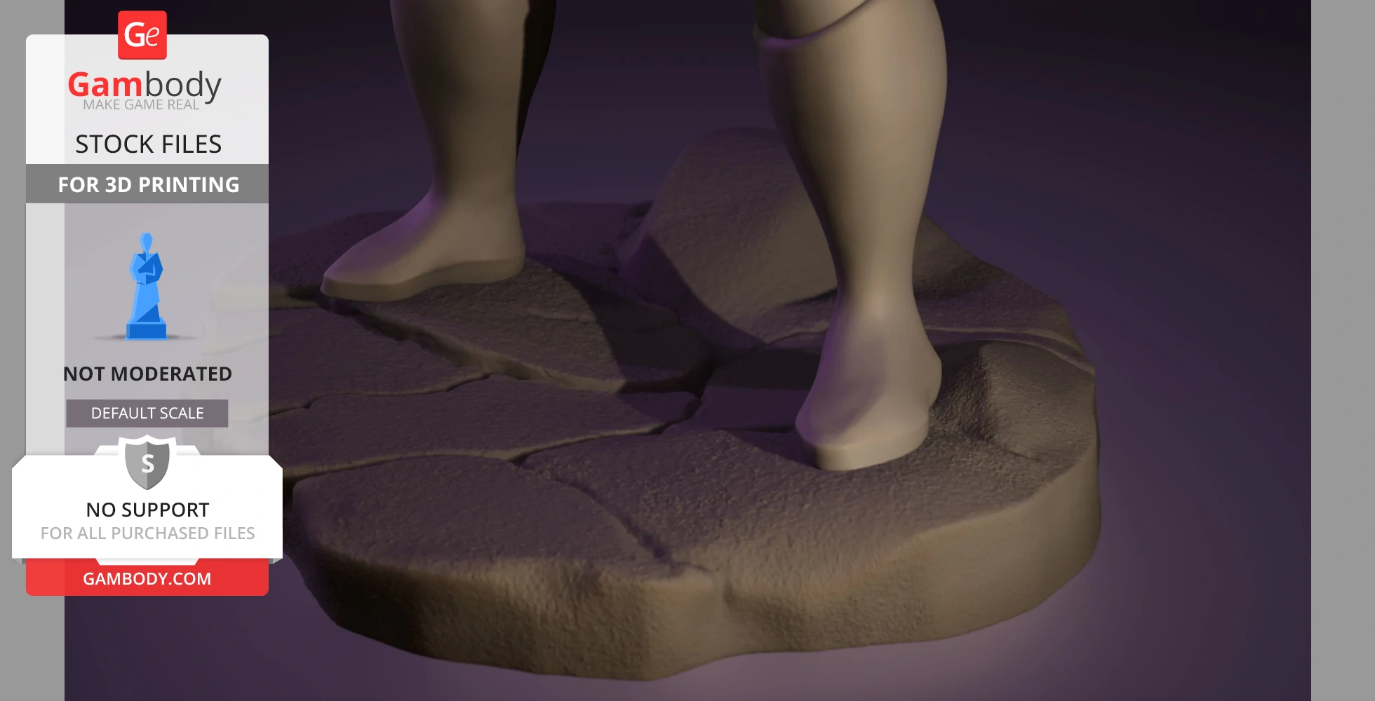 3D model of a figure’s legs and feet on a textured, rocky base, designed for 3D printing.