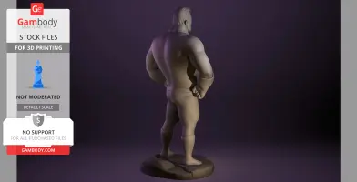 A 3D model of a muscular superhero standing with hands on hips, viewed from behind.