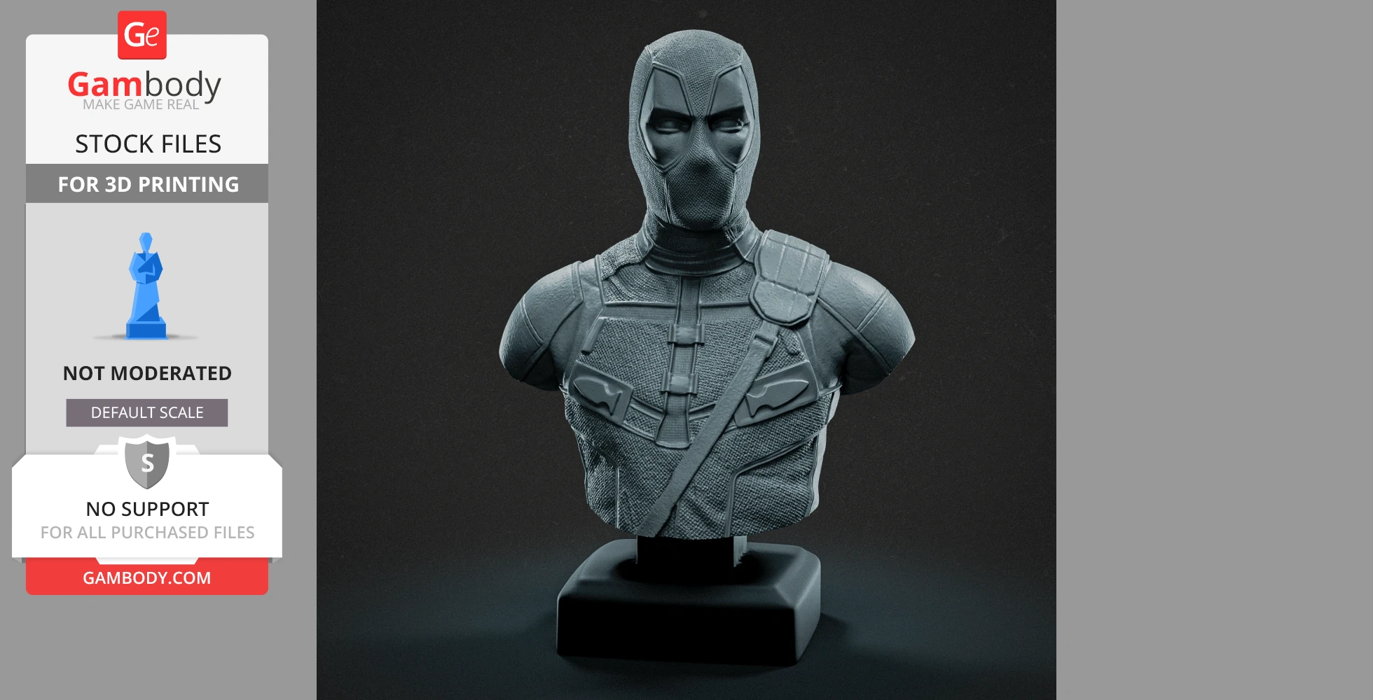 A detailed 3D printed bust of a masked superhero with tactical gear, displayed on a pedestal.