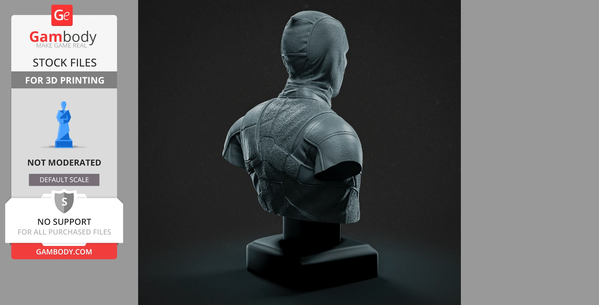 A detailed 3D printed bust of a masked character in a textured suit, viewed from the back.