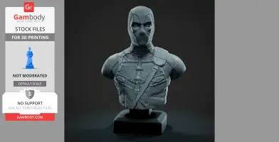 A detailed 3D printed bust of a masked superhero with tactical gear, displayed on a pedestal.