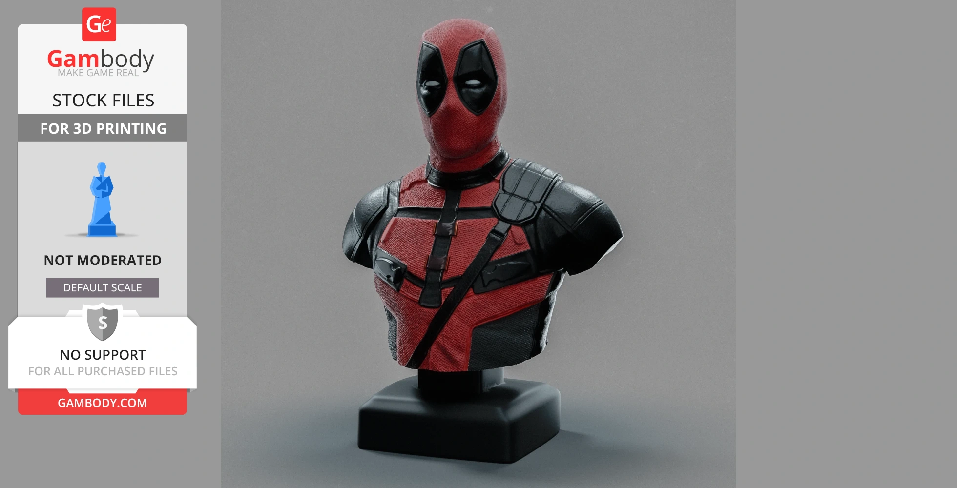 A detailed bust of a masked character in a red and black suit, designed for 3D printing.
