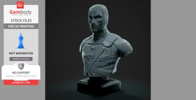 A detailed, textured bust of a masked character with tactical gear, intended for 3D printing.