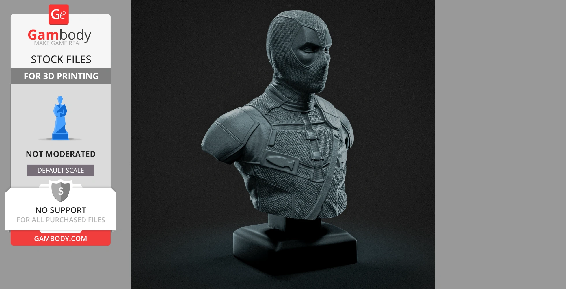 A detailed 3D bust of a masked superhero in tactical gear, ready for 3D printing on a display stand.