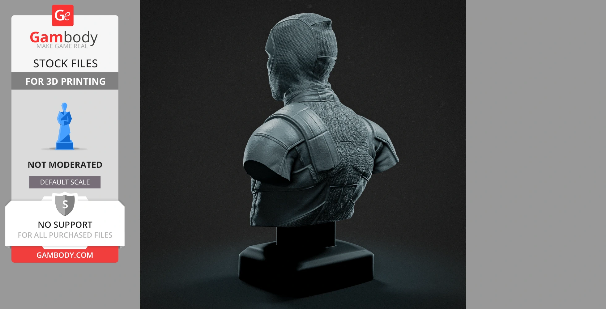 A 3D printed bust of a masked character wearing tactical gear, displayed on a pedestal.
