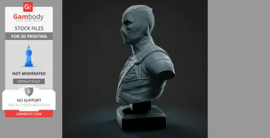 A detailed bust of a masked character in armor, designed for 3D printing, on a black pedestal.