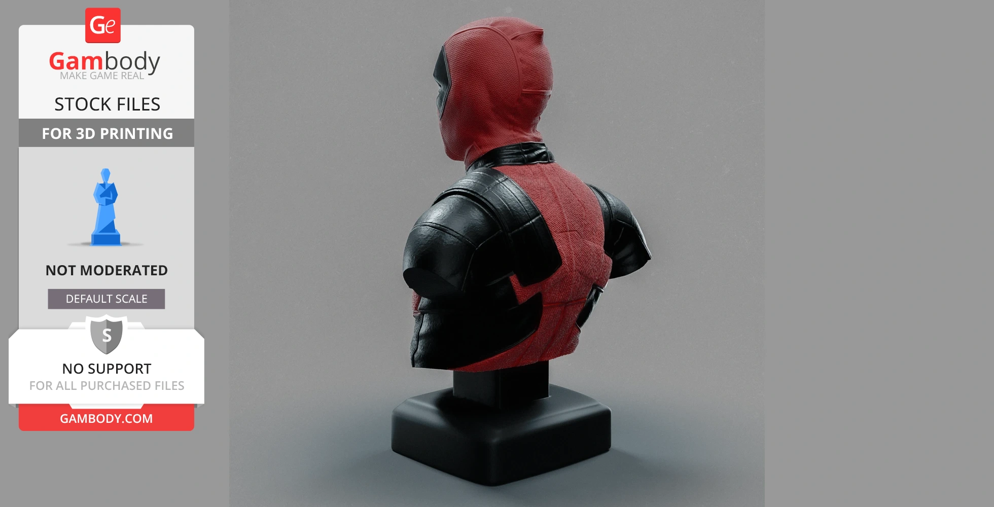 3D-printed bust of a character in a black and red suit on a black base, viewed from the back.