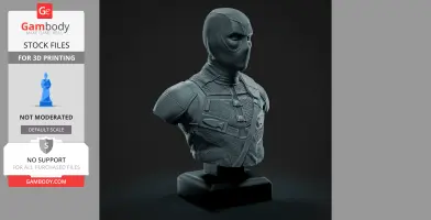 A detailed 3D bust of a masked superhero in tactical gear, ready for 3D printing on a display stand.