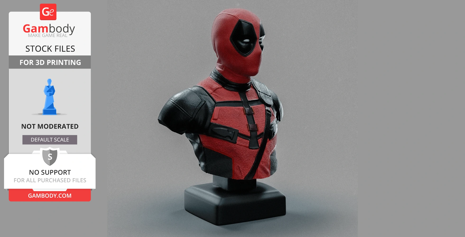 A detailed 3D bust of a character in a red and black costume on a display stand.