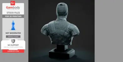 A 3D printed bust of a masked character with a textured suit, displayed on a black stand, seen from the back.
