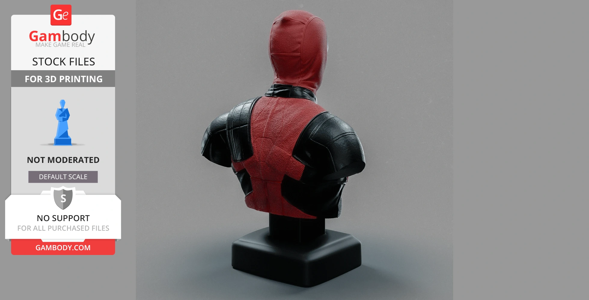 A 3D printed bust of a character in a red and black suit, viewed from the back on a display base.