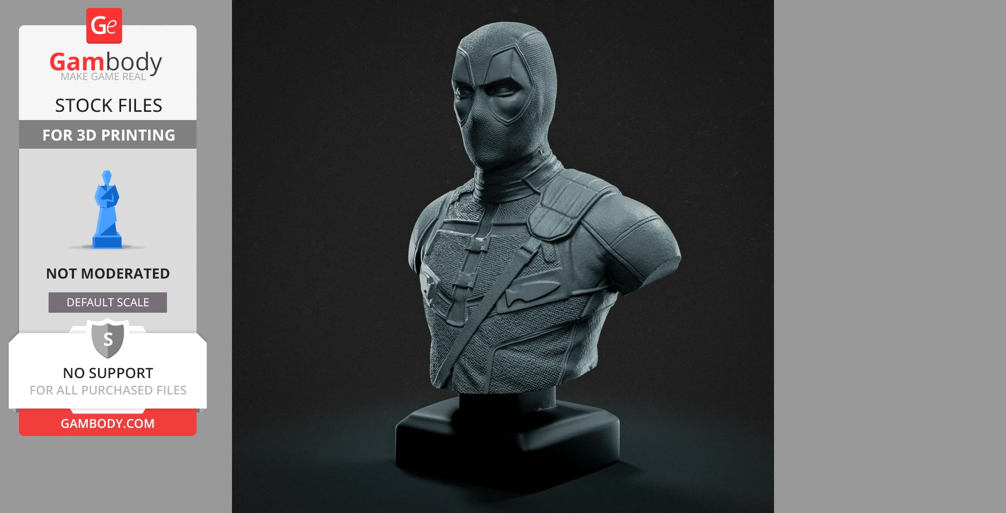 A detailed, textured bust of a masked character with tactical gear, intended for 3D printing.