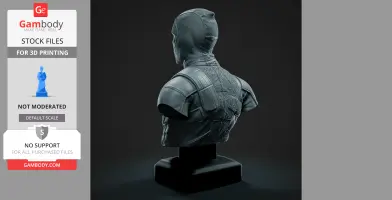 A 3D printed bust of a masked character wearing tactical gear, displayed on a pedestal.
