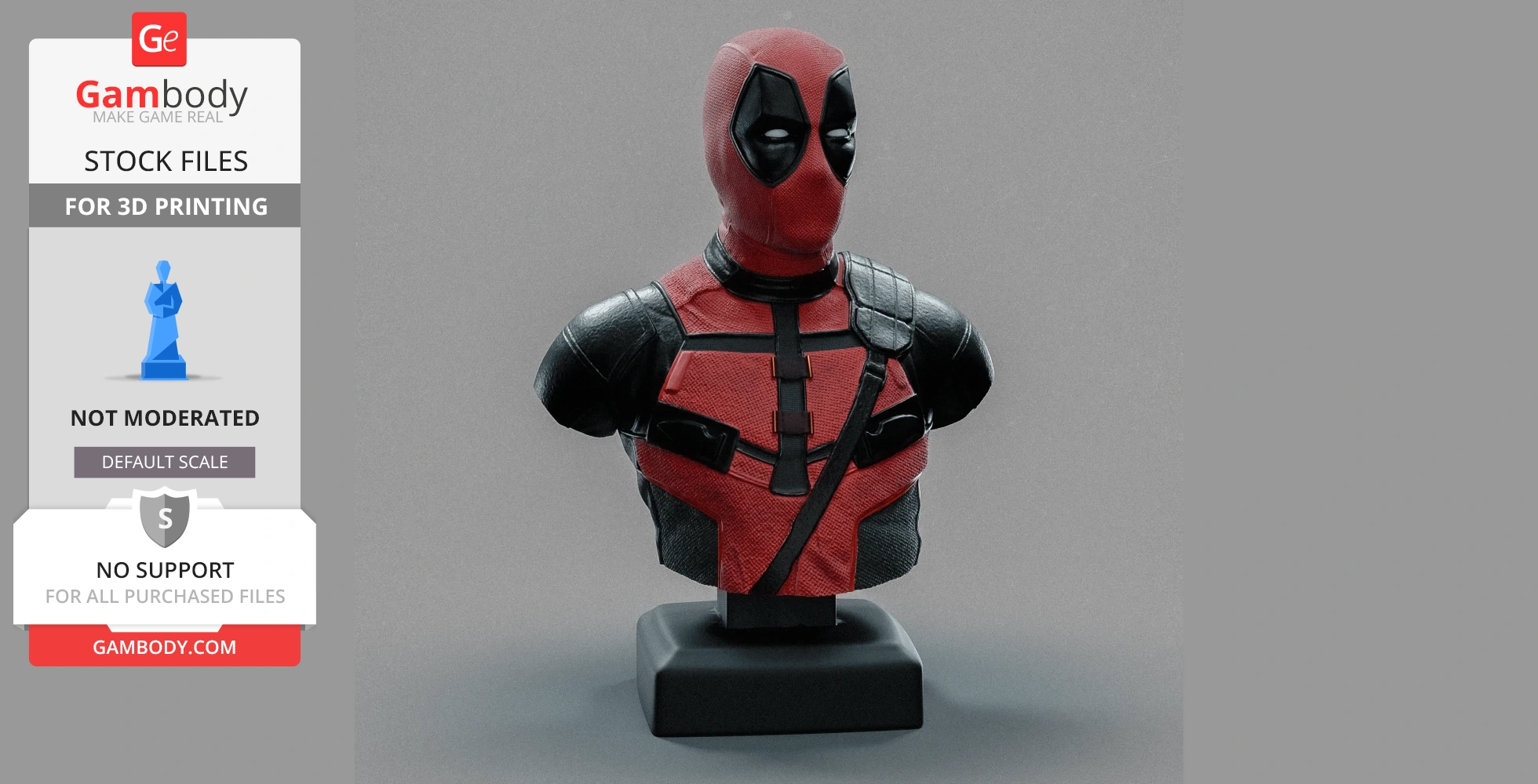A detailed 3D-printed bust of a character in a red and black costume on a display stand.