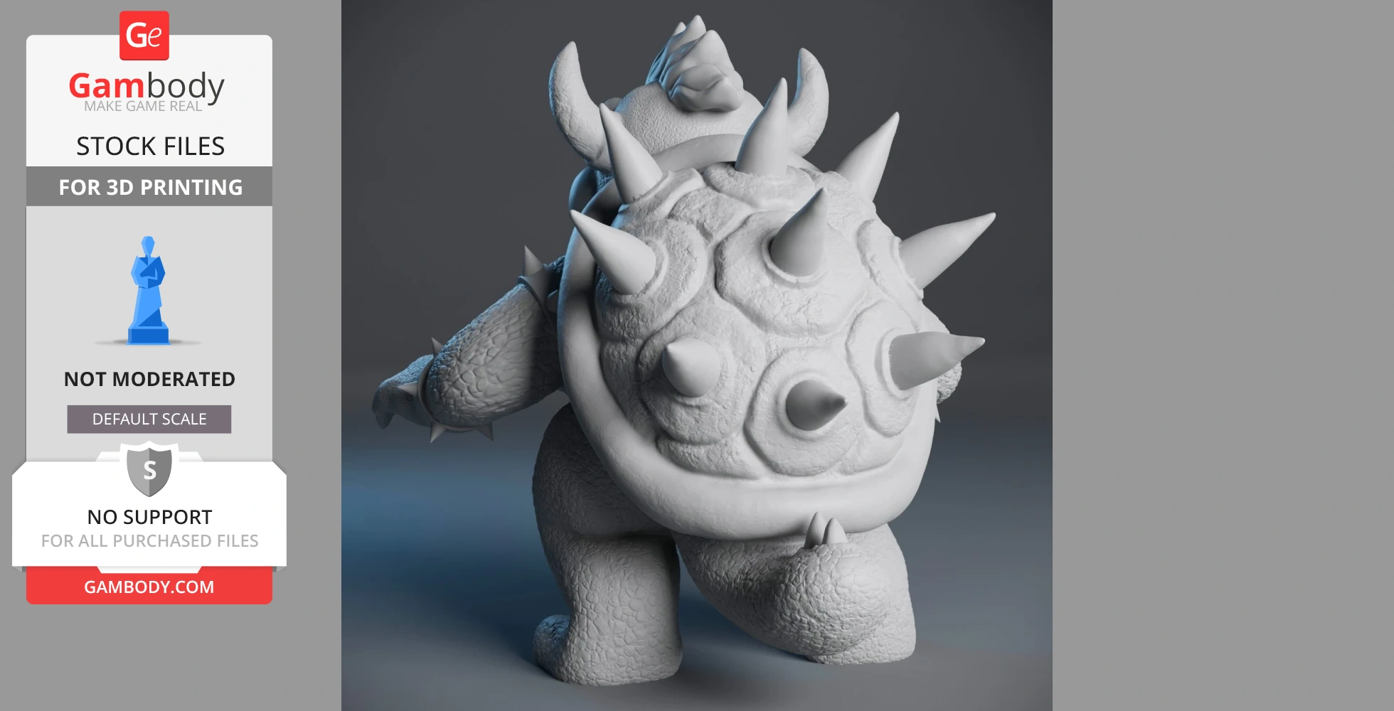A 3D model of Bowser from Super Mario, focusing on his spiky shell and textured skin, ready for printing.