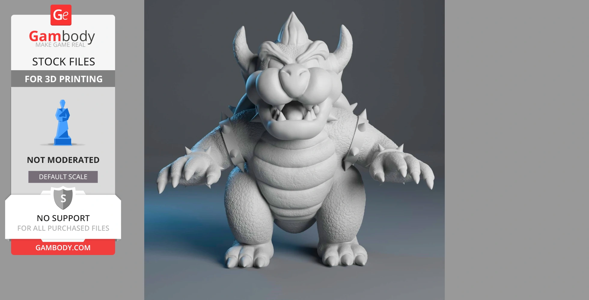 3D model of Bowser from Super Mario, featuring detailed texture and spikes, in a stance ready for printing.