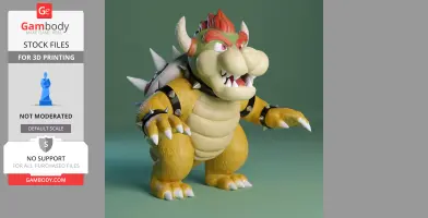 A 3D model of Bowser from Super Mario, ready for 3D printing, showing his detailed features and spiked shell.