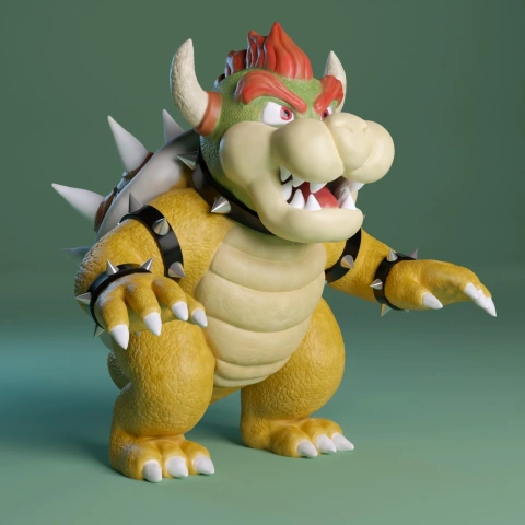 A 3D model of Bowser from Super Mario, showing his spiked shell and fierce expression.
