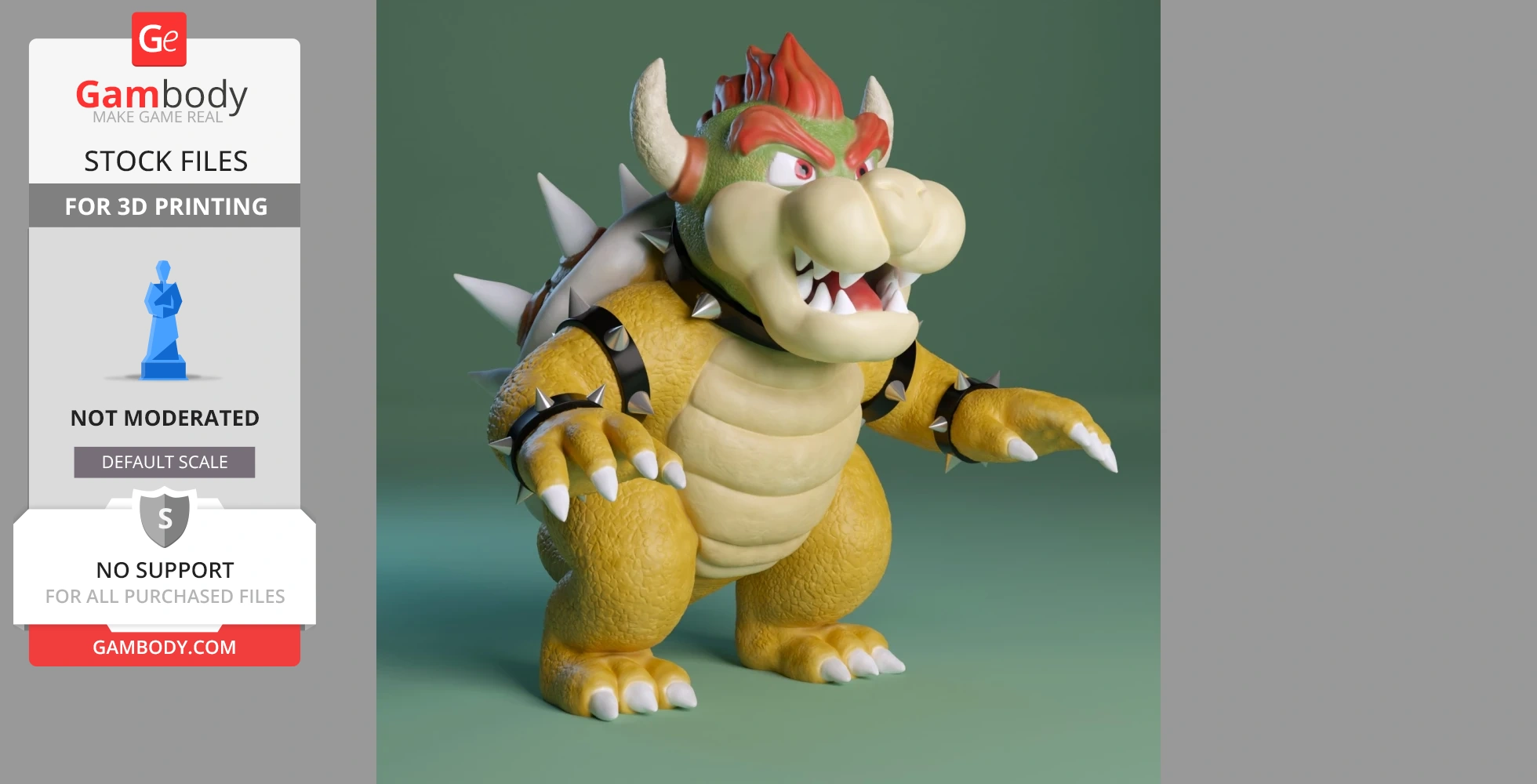 A 3D model of Bowser from Super Mario, ready for 3D printing, showing his detailed features and spiked shell.