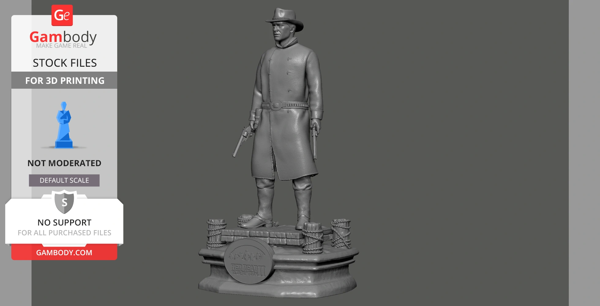 A 3D model of a cowboy in a long coat and hat, holding guns, standing on a detailed pedestal.