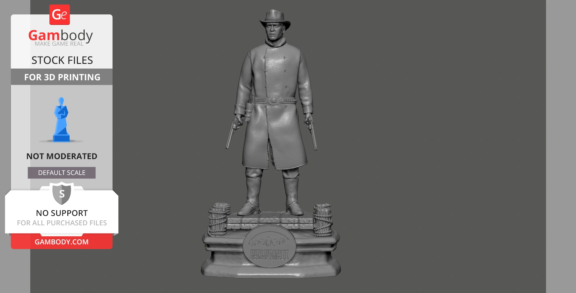 Cowboy figure with pistols, wearing a long coat and hat, stands on a decorative base for 3D printing.