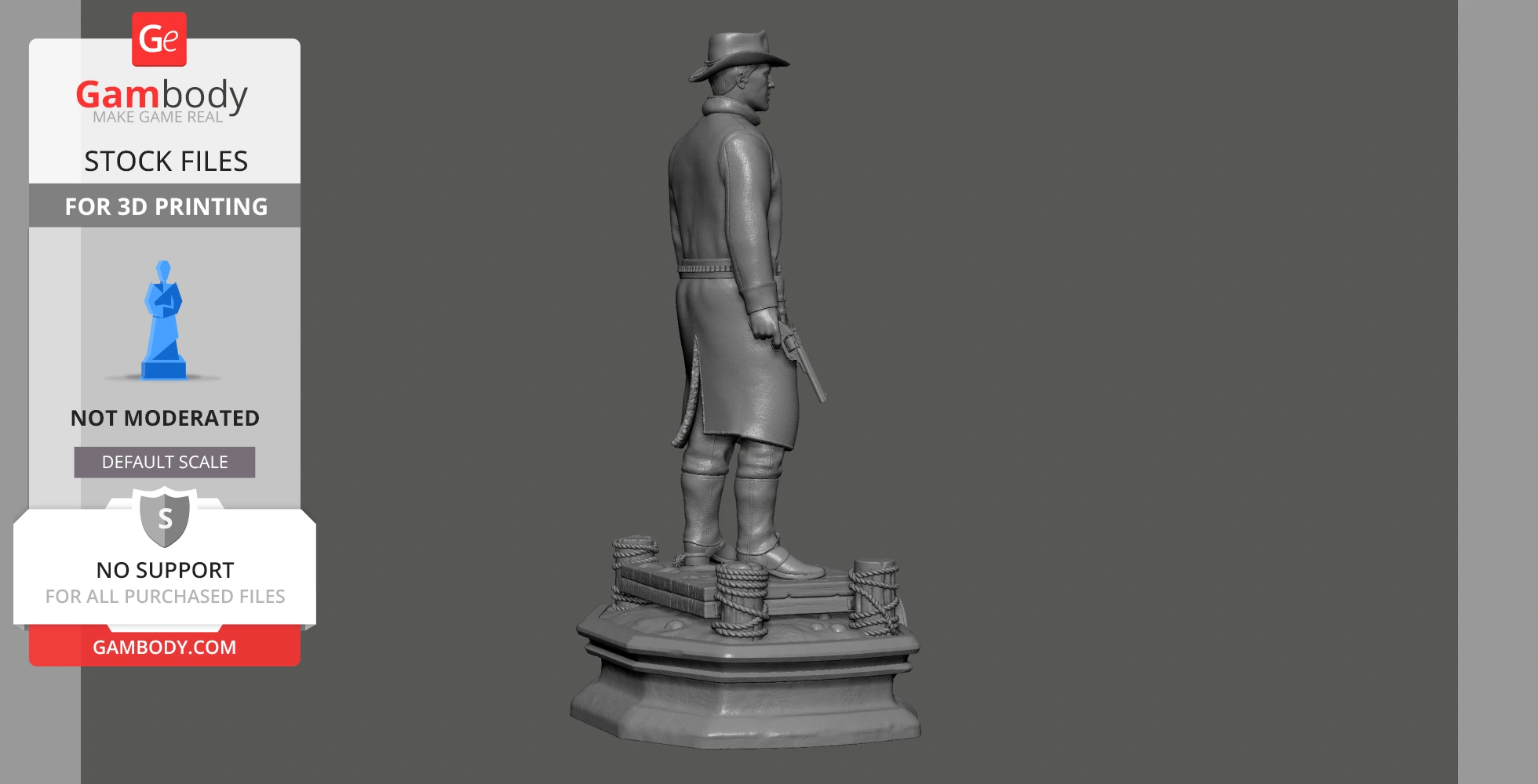 3D model of a cowboy standing on a detailed base, holding a pistol, wearing a hat and long coat.