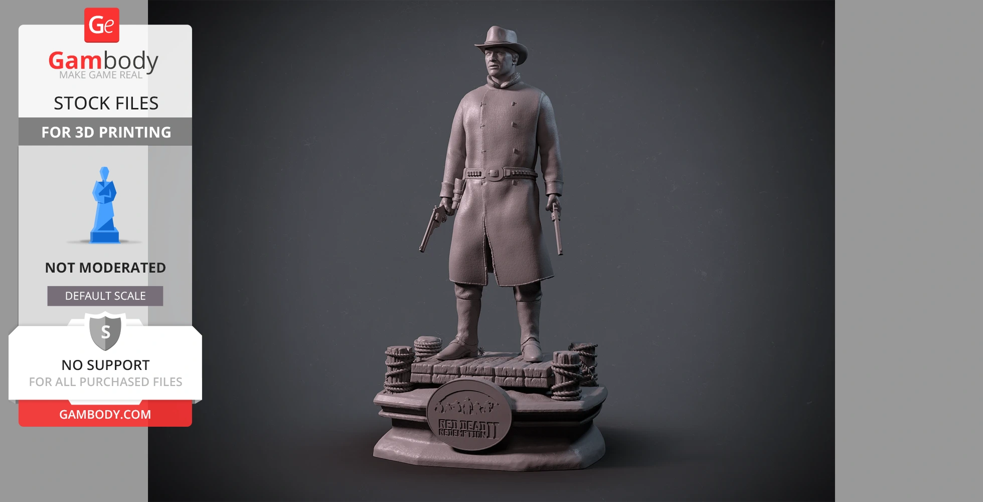 3D model of a cowboy with guns, wearing a long coat and hat, standing on a detailed base.