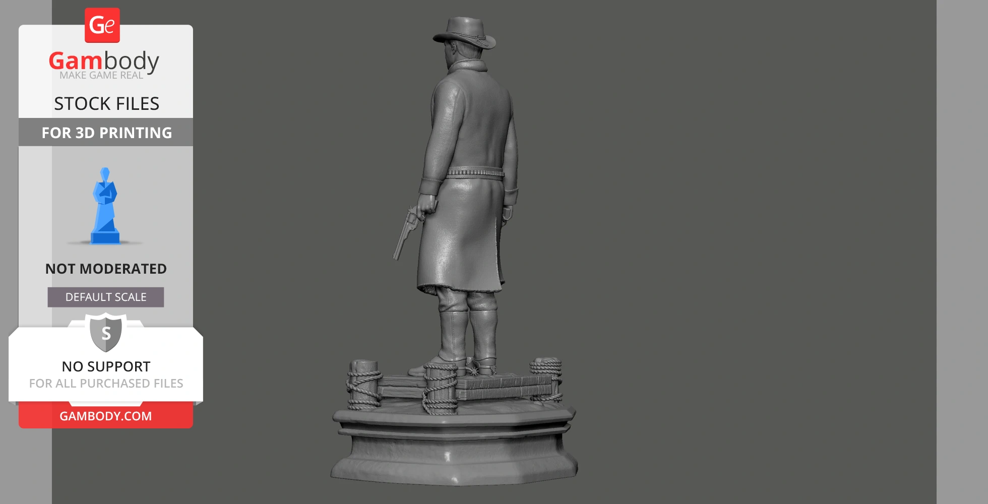 3D model of a cowboy in a long coat, hat, holding a revolver, standing on a detailed base.